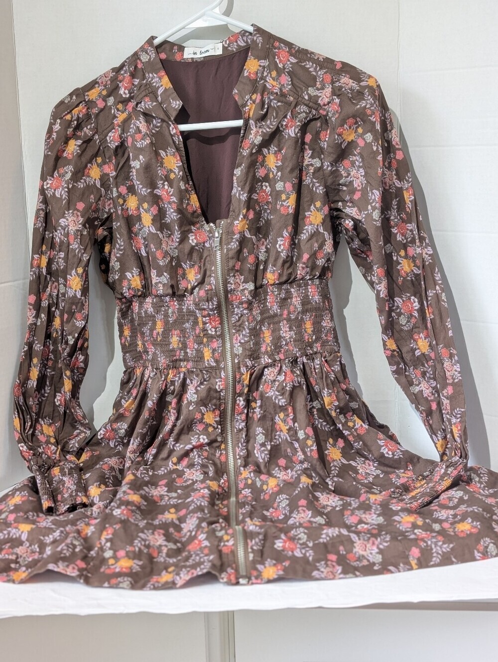 In Loom Brown Cotton Floral Zip-Front Smocked Cottagecore Dress, Small
